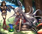  black_hair black_legwear blush boots brown_eyes commentary eyebrows_visible_through_hair gloves grey_hair heart high_heel_boots high_heels kantai_collection long_hair looking_away moonflower_(plants_vs_zombies) multiple_girls murakumo_(kantai_collection) nagato_(kantai_collection) nightshade_(plants_vs_zombies) pantyhose plants_vs_zombies red_eyes red_legwear remodel_(kantai_collection) smile thighhighs tony_guisado white_gloves younger 