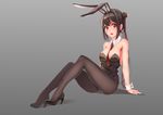  animal_ears arm_support bare_shoulders black_footwear black_hair black_legwear black_leotard blush bow bowtie breasts bunny_ears bunnysuit cleavage detached_collar gradient gradient_background grey_background hair_bun high_heels highres large_breasts leotard necktie open_mouth original pantyhose red_eyes red_neckwear shoes side_ponytail solo strapless strapless_leotard wrist_cuffs yumemi_(kiowa) 