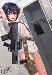  absurdres belt black_hair blue_eyes bullpup dreadtie dress_shirt gun handgun highres holster locker locker_room looking_at_viewer msbs_radon msbs_radon-b no_pants original panties pistol shirt short_hair signature skirt skirt_removed solo standing thigh_holster underwear weapon 