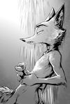  2017 anthro bathing canine cup disney fangs fox greyscale half-closed_eyes holding_object leaning leaning_back male mammal monochrome nick_wilde nude shot_glass shower showering side_view solo story story_in_description thewyvernsweaver wet zootopia 