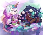  2girls arm_support asymmetrical_hair bare_arms bare_shoulders bent_over black_hair breasts cake chair cherry cleavage closed_mouth commentary crown cupcake dark_skin domino_mask eyebrows fingerless_gloves food food_on_head fork fruit gloves green_eyes green_hair green_skin half-closed_eyes headphones hime_(splatoon) holding holding_fork holding_plate ice_cream ice_cream_cone iida_(splatoon) leg_up lips long_hair looking_at_another looking_up mask medium_breasts midriff mole mole_under_mouth multicolored multicolored_hair multicolored_skin multiple_girls object_on_head octarian outstretched_arm pale_skin pantyhose pantyhose_under_shorts pink_sclera plate short_hair shorts sitting sleeveless splatoon_(series) splatoon_2 squid stup-jam table tentacle_hair tripping vest white_hair yellow_eyes zipper zipper_pull_tab 