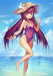  barefoot casual_one-piece_swimsuit covered_navel fate/grand_order fate_(series) frilled_swimsuit frills hat highres long_hair looking_at_viewer navel one-piece_swimsuit pink_swimsuit purple_hair red_eyes scathach_(fate)_(all) scathach_(fate/grand_order) solo standing standing_on_one_leg sun_hat swimsuit waving yahiro_(666131415) younger 