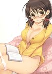  :o areola_slip areolae asano_fuuka blush book bow breasts brown_eyes brown_hair cardigan cleavage covering covering_crotch dated glasses hair_bow heavy_breathing idolmaster idolmaster_cinderella_girls kiya_shii large_breasts looking_at_viewer naked_cardigan open_book panties panty_pull pillow short_hair sitting solo sweat underwear v_arms white_legwear white_panties 