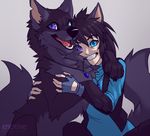  2015 black_lips black_nose blue_eyes canine clothed clothing duo human kero_tzuki mammal open_mouth paws simple_background smile teeth tongue wolf 