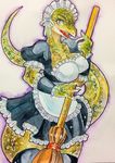  2017 5_fingers absurd_res anthro argonian broom clothing eyelashes female front_view green_scales headdress hi_res holding_object legwear lifts-her-tail looking_at_viewer lusty_argonian_maid maid_uniform open_mouth portrait scales scalie skirt slit_pupils solo teeth the_elder_scrolls thigh_highs three-quarter_portrait traditional_media_(artwork) uniform video_games watercolor_(artwork) yellow_eyes イノウエ 