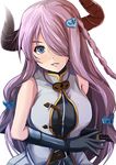  bad_id bad_pixiv_id bare_shoulders black_gloves blue_eyes blush breasts commentary_request draph gloves granblue_fantasy hair_ornament hair_over_one_eye horns kanzaki_kureha katana large_breasts lavender_hair long_hair looking_at_viewer narmaya_(granblue_fantasy) parted_lips pointy_ears sleeveless smile solo sword upper_body weapon 