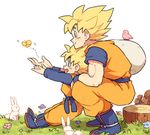  aqua_eyes bird blush boots bug bunny butterfly dougi dragon_ball dragon_ball_z father_and_son flower flying grass happy insect kneeling long_sleeves looking_away male_focus multiple_boys nature open_mouth outstretched_hand sack short_hair simple_background smile son_gokuu son_goten spiked_hair squirrel super_saiyan tkgsize tree_stump white_background wristband 