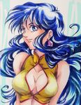  1girl 80s bare_shoulders blue_eyes blue_hair breasts cleavage crop_top dirty_pair earrings highres jewelry long_hair looking_at_viewer midriff smile solo traditional_media upper_body yuri_(dirty_pair) 