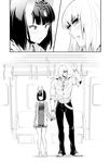  bangs blush comic embarrassed fate/grand_order fate_(series) greyscale holding_hands looking_away monochrome oni pants sakata_kintoki_(fate/grand_order) shiromako shoes shorts shuten_douji_(fate/grand_order) side-by-side silent_comic standing sunglasses train_interior 