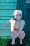  biting breasts cleavage cutoffs highres justin_leyva_(steamy_tomato) large_breasts lip_biting lips looking_at_viewer nakiri_alice pale_skin red_eyes shokugeki_no_souma short_hair solo spoon squatting white_hair yellow_bikini_top 