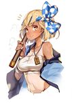  bare_shoulders blonde_hair djeeta_(granblue_fantasy) drum_master_(granblue_fantasy) granblue_fantasy hachimaki headband hong_(white_spider) jewelry navel nejiri_hachimaki pendant sarashi short_hair taiko_sticks tan tanline 