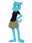 2017 anthro barefoot blue_fur breasts cartoon_network cat clothed clothing digital_media_(artwork) eyelashes feline female fur hand_on_hip mammal nicole_watterson pose raised_eyebrow shirt simple_background solo standing t-skirt text the_amazing_world_of_gumball unknown_artist whiskers white_background 