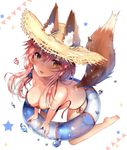  animal_ear_fluff animal_ears bangs bikini blue_bikini blush breasts cleavage collarbone commentary_request ears_through_headwear eyebrows_visible_through_hair fang fate/extra fate/grand_order fate_(series) fox_ears fox_girl fox_tail from_above full_body hair_between_eyes hat highres innertube kneeling large_breasts leaning_forward long_hair looking_at_viewer looking_up open_mouth pink_hair side-tie_bikini simple_background soles solo star straw_hat sun_hat swimsuit tail tamamo_(fate)_(all) tamamo_no_mae_(fate) tamamo_no_mae_(swimsuit_lancer)_(fate) transparent untied untied_bikini usagihime water_drop yellow_eyes 