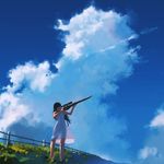  aiming_up black_hair bolt_action cloud day dress fence finger_on_trigger firearm grass gun holding holding_gun holding_weapon long_hair looking_up medium_hair mosin-nagant original rias-coast rifle scope sky translucent_dress weapon wind 