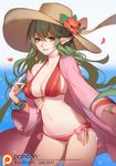  bikini breasts chiki fire_emblem fire_emblem:_kakusei fire_emblem:_monshou_no_nazo fire_emblem_heroes green_eyes green_hair hair_ornament hat large_breasts long_hair looking_at_viewer mamkute navel pointy_ears ponytail sky smile solo songjikyo swimsuit 