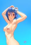  absurdres adjusting_hair_ornament armpits blue_background blue_hair blush bow breasts gradient gradient_background hair_between_eyes hair_bow highres justin_leyva_(steamy_tomato) lips looking_at_viewer medium_breasts nisekoi parted_lips red_eyes short_hair solo tape_on_nipples tsugumi_seishirou 
