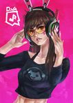  absurdres brown_eyes brown_hair cameo casual commentary crop_top d.va_(overwatch) eyelashes headphones headset highres lips listening_to_music long_hair lucio_(overwatch) monori_rogue nail_polish overwatch pink_background pink_nails solo sunglasses whisker_markings 