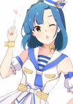  blue_hair breasts dress enelis green_eyes hand_up hat heart idolmaster idolmaster_million_live! idolmaster_million_live!_theater_days looking_at_viewer nanao_yuriko one_eye_closed pointing pointing_up simple_background small_breasts solo white_background 