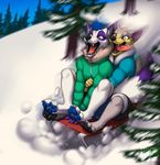  2016 anthro barefoot black_lips blakc_nose blue_hair blue_paws canine clothed clothing day digitigrade duo fox hair kero_tzuki male mammal outside smile snow 