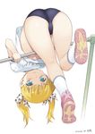  ass blonde_hair blue_buruma blue_eyes blush buruma flat_chest hair_ribbon horizontal_bar idolmaster idolmaster_cinderella_girls kiya_shii kneepits looking_at_viewer mary_cochran ribbon shoe_soles shoes short_hair short_twintails smile sneakers solo thighs twintails upside-down white_legwear 