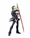  blazblue blazblue:_cross_tag_battle full_body hand_on_hip highres higuchi_konomi hyde_(under_night_in-birth) male_focus multicolored_hair official_art red_eyes simple_background solo spiked_hair sword two-tone_hair under_night_in-birth weapon white_background 