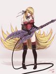  absurdly_long_hair bangs bare_shoulders black_footwear black_gloves black_ribbon blonde_hair boots breasts cleavage devil_may_cry devil_may_cry_3 elbow_gloves electric_guitar fang full_body gloves guitar hair_ribbon instrument justin_leyva_(steamy_tomato) kiss-shot_acerola-orion_heart-under-blade large_breasts long_hair looking_at_viewer monogatari_(series) nevan_(weapon) pigeon-toed ribbon smile solo thigh_boots thighhighs thighhighs_under_boots very_long_hair yellow_eyes 