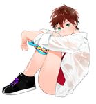  brown_hair commentary_request dress_shirt full_body green_eyes knees_up legs_together looking_at_viewer male_focus messy_hair necktie no_pants original see-through shirt shoes sitting sleeves_rolled_up sneakers solo tmku underwear_pull 