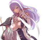  1girl breasts bridal_gauntlets cleavage closed_mouth commentary_request hair_between_eyes hat isabelle_(shadowverse) large_breasts long_hair looking_at_another multicolored_hair purple_eyes purple_hair samubbitti shadowverse shoulder_cutout staff two-tone_hair upper_body white_hair wizard wizard_hat 