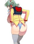  adjusting_clothes adjusting_panties ass backpack bag blue_eyes breasts commentary_request from_behind green_hair headphones heart highres huge_breasts masao nipples no_pants one_side_up open_mouth original panties solo striped striped_panties thighhighs underwear wedgie 