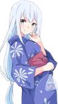  blue_eyes blue_hair blue_kimono blush enelis fish from_side hand_on_own_chin idolmaster idolmaster_million_live! idolmaster_million_live!_theater_days japanese_clothes kimono long_hair looking_at_viewer low-tied_long_hair puffy_sleeves shiraishi_tsumugi simple_background smile solo upper_body very_long_hair white_background 