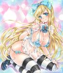  artist_name at_classics bangs blonde_hair blue_bow blue_bra blue_eyes blue_neckwear blush bow bowtie bra breasts card closed_mouth covered_nipples detached_collar eyebrows_visible_through_hair frilled_bra frills full_body hair_bow hand_up holding holding_card large_breasts long_hair looking_at_viewer mary_janes navel original playing_card sample see-through shoes sitting solo stomach striped striped_legwear thighhighs traditional_media underwear very_long_hair watermark wristband 