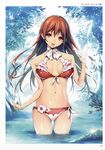  absurdres bangs bare_shoulders bikini breasts brown_eyes brown_hair day eyebrows_visible_through_hair frills front-tie_bikini front-tie_top highres kikurage_(plastic_people) long_hair looking_at_viewer medium_breasts navel open_mouth original outdoors partially_submerged scan shiny shiny_hair smile solo swimsuit toranoana water 
