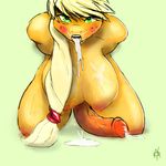  after_sex animal_genitalia animal_penis anthro anthrofied applejack_(mlp) areola big_breasts blonde_hair blush breasts cum cum_in_mouth cum_inside cum_on_breasts cum_on_ground cum_on_tongue dickgirl earth_pony equine equine_penis freckles friendship_is_magic green_eyes hair half-closed_eyes half-erect hands_behind_back hi_res horse huge_breasts intersex kneeling looking_at_viewer mammal my_little_pony nipples nova_(artist) nude open_mouth orange_skin penis pony saliva simple_background solo teeth tongue vein veiny_penis 