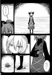  bow comic dress greyscale hair_bow hair_bun hakika highres kurodani_yamame monochrome page_number touhou translated 