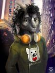  antanariva anthro caprine city clothed clothing goat headphones horn looking_at_viewer male mammal smile solo 