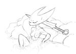 2017 anthro arthropod black_and_white breasts claws eyes_closed female guoh hollow_knight hollow_knight_(species) hornet_(hollow_knight) humanoid insect melee_weapon monochrome needle pussy solo video_games weapon 