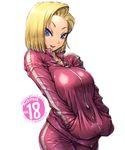  amania_orz android_18 blonde_hair blue_eyes breasts character_name collarbone copyright_name dated dragon_ball dragon_ball_super earrings hands_in_pockets jacket jewelry large_breasts long_sleeves looking_at_viewer pants short_hair simple_background solo track_suit twitter_username white_background zipper 