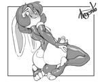  anthro argento arm_warmers armwear blush bulge clothed clothing crossdressing erection girly greyscale humanoid_penis kneeling lagomorph legwear looking_at_viewer looking_back male mammal monochrome nipples penis rabbit rubber smile solo thigh_highs underwear 