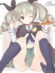  ;) alternate_costume anchovy artist_name bangs black_legwear black_neckwear black_ribbon blouse closed_mouth commentary drill_hair eyebrows_visible_through_hair food getsumen_suibaku_ver._a(c) girls_und_panzer green_hair green_skirt grey_background hair_ribbon head_tilt heart highres holding holding_food kneehighs long_hair long_sleeves looking_at_viewer midriff neckerchief one_eye_closed ooarai_school_uniform outside_border panties pantyshot pantyshot_(sitting) pizza pleated_skirt red_eyes ribbon school_uniform serafuku signature sitting sketch skirt smile solo twin_drills twintails underwear w_arms white_blouse white_panties 