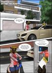  anthro black_nose blonde_hair breasts car clothed clothing comic day detailed_background english_text female hair mammal mustelid mykegreywolf outside sky smile solo text vehicle wolverine 