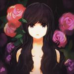  black_eyes black_hair commentary_request flat_chest flower hair_over_breasts highres jun_(seojh1029) long_hair looking_at_viewer nude purple_eyes red_flower red_rose rose solo upper_body 