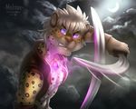  2017 5_fingers anthro blonde_hair cheetah clothed clothing feline hair holding_object holding_weapon male mammal melee_weapon moon night outside purple_eyes sky smile solo sword tlt_echelon weapon 