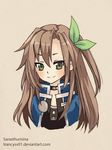  1girl bare_shoulders blush bow brown_hair choker choujigen_game_neptune green_eyes hair_bow if_(choujigen_game_neptune) jacket long_hair neptune_(series) smile solo 