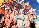  2boys aqua_(kingdom_hearts) beach bikini bird black_shirt blonde_hair blue_bikini blue_eyes blue_hair blue_sarong breasts brown_hair cleavage cockatoo day eyewear_on_head flower hat hat_flower kingdom_hearts kingdom_hearts_birth_by_sleep kvover_(applebloom) looking_at_viewer medium_breasts multiple_boys navel palm_tree parrot sarong shirt spiked_hair stomach straw_hat sunglasses swimsuit terra_(kingdom_hearts) tree ventus 