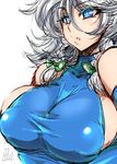  alternate_costume bangs blue_eyes blue_leotard bow braid breasts bridal_gauntlets bright_pupils colored_eyelashes covered_nipples expressionless from_side hair_between_eyes hair_bow highres huge_breasts izayoi_sakuya leotard looking_afar parted_lips puffy_nipples shiny shiny_clothes simple_background sketch solo tajima_yuuki touhou turtleneck twin_braids upper_body white_background white_pupils 