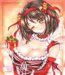 ;) artist_name at_classics bangs bell breasts brown_eyes brown_hair cleavage detached_sleeves eyebrows_visible_through_hair frills gift hair_bell hair_ornament hairband head_tilt holding holding_gift large_breasts long_sleeves looking_at_viewer one_eye_closed red_hairband sample short_hair smile solo suzumiya_haruhi suzumiya_haruhi_no_yuuutsu traditional_media upper_body watermark 