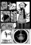  blood bow comic dress giant greyscale hair_bow hair_bun hakika highres impaled knife kurodani_yamame monochrome page_number stabbed touhou translated 