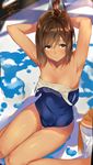  armpits arms_behind_head arms_up artist_name breasts brown_hair covered_navel folded_leg from_above highres i-401_(kantai_collection) isshiki_(ffmania7) kantai_collection looking_at_viewer looking_up one-piece_swimsuit parted_lips ponytail school_swimsuit sitting small_breasts smile solo sweat swimsuit swimsuit_pull wariza 