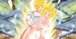  1boy 1girl blonde_hair blue_eyes blush breasts caulifla censored dragon_ball dragon_ball_super female from_behind male nipples nude saiyan sex son_gokuu spiked_hair super_saiyan_2 tagme vaginal 