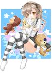  bangs boko_(girls_und_panzer) brown_eyes commentary_request flipper girls_und_panzer holding light_brown_hair long_hair long_sleeves looking_at_viewer no_shoes shimada_arisu side_ponytail skirt solo star striped striped_legwear stuffed_animal stuffed_toy suspender_skirt suspenders teddy_bear thighhighs 